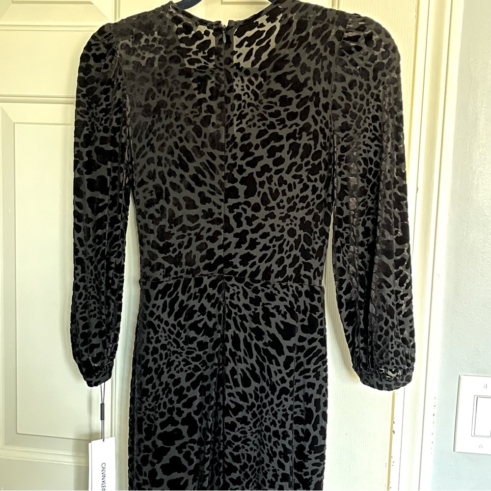 NWT CALVIN KLEIN - Black Velvet Leopard print Faux Wrap Flounce Dress sz 2 - Picture 8 of 15